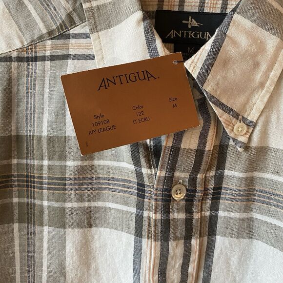 Antigua Men’s Medium Casual Button Up Shirt Plaid Linen Blend NWT Short Sleeve - Picture 5 of 9
